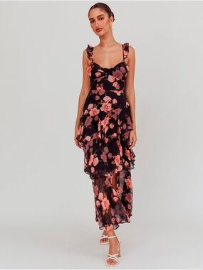 Angel Biba BLACK PINK FLORAL PRINT RUFFLE OPEN BACK TIE-UP MAXI DRESS Small